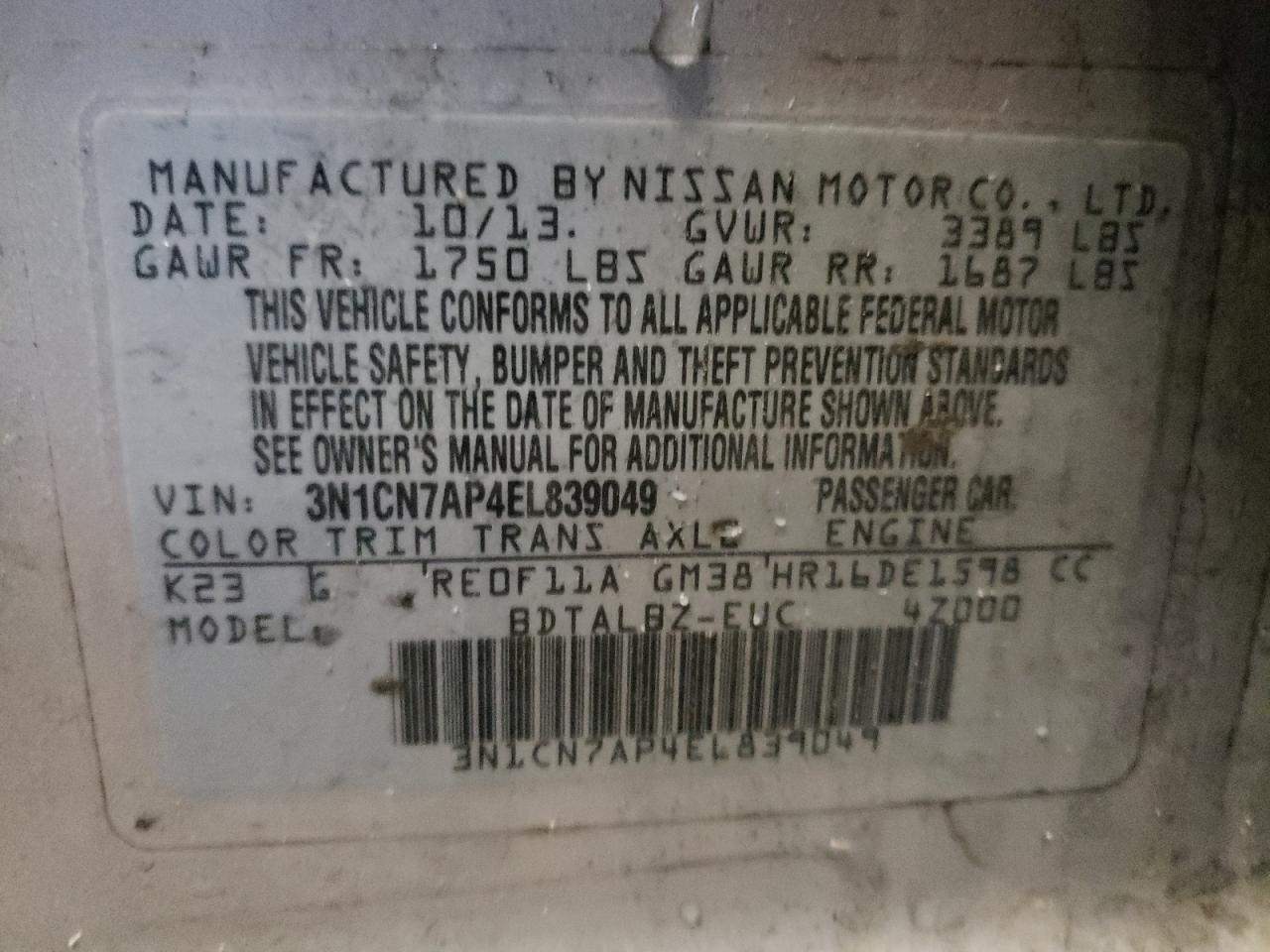 Photo 10 from auction – 2014 NISSAN VERSA with VIN 3N1CN7AP4EL839049