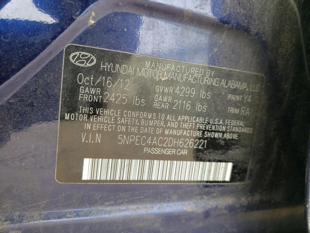 Photo 10 from auction – 2013 HYUNDAI SONATA SE with VIN 5NPEC4AC2DH626221