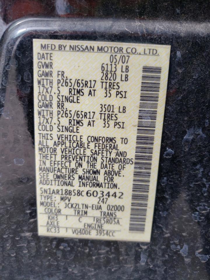 Photo 10 from auction – 2008 NISSAN PATHFINDER with VIN 5N1AR18B58C603442