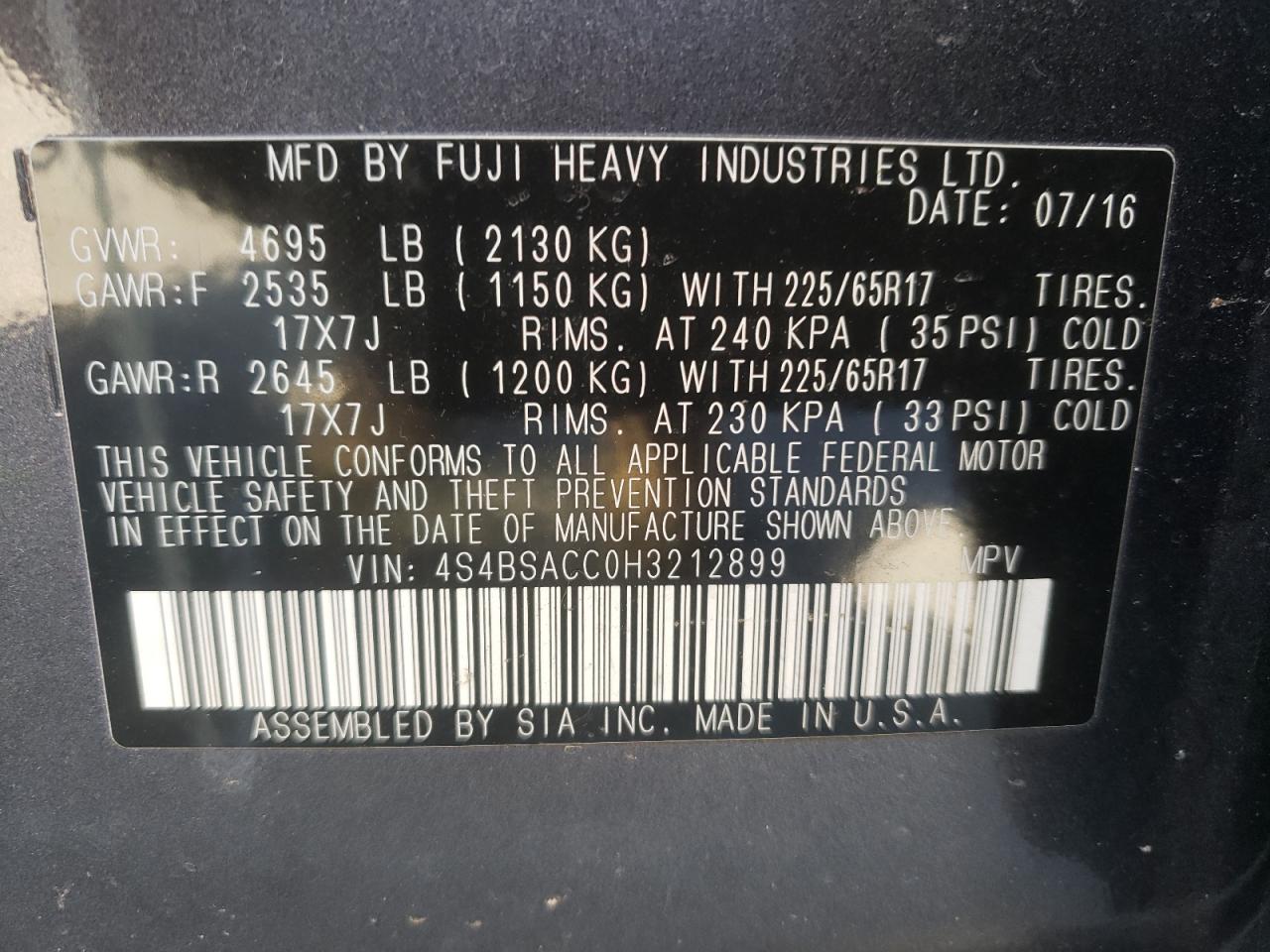 Photo 10 from auction – 2017 SUBARU OUTBACK 2. with VIN 4S4BSACC0H3212899