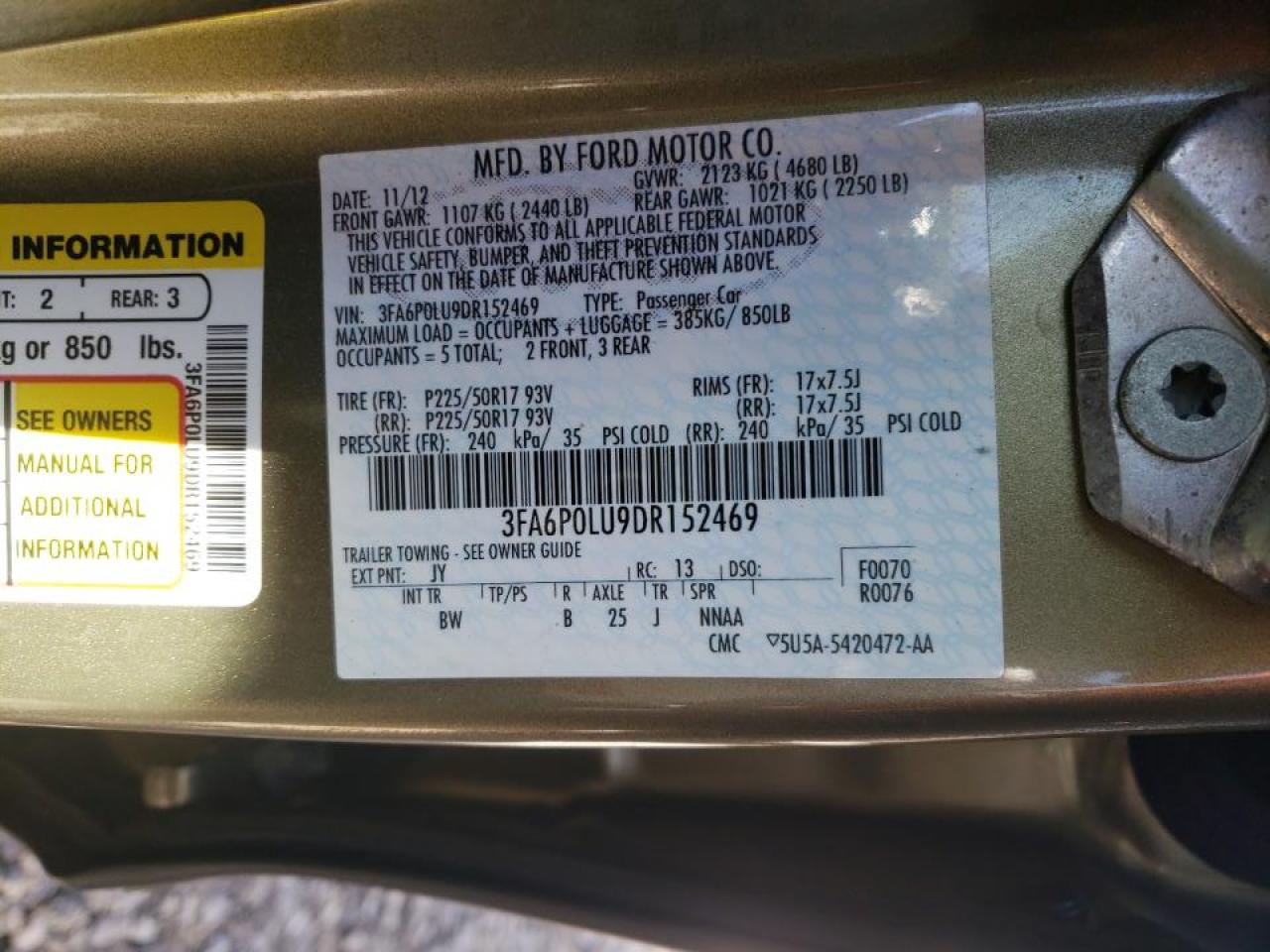 Photo 10 from auction – 2013 FORD FUSION SE with VIN 3FA6P0LU9DR152469