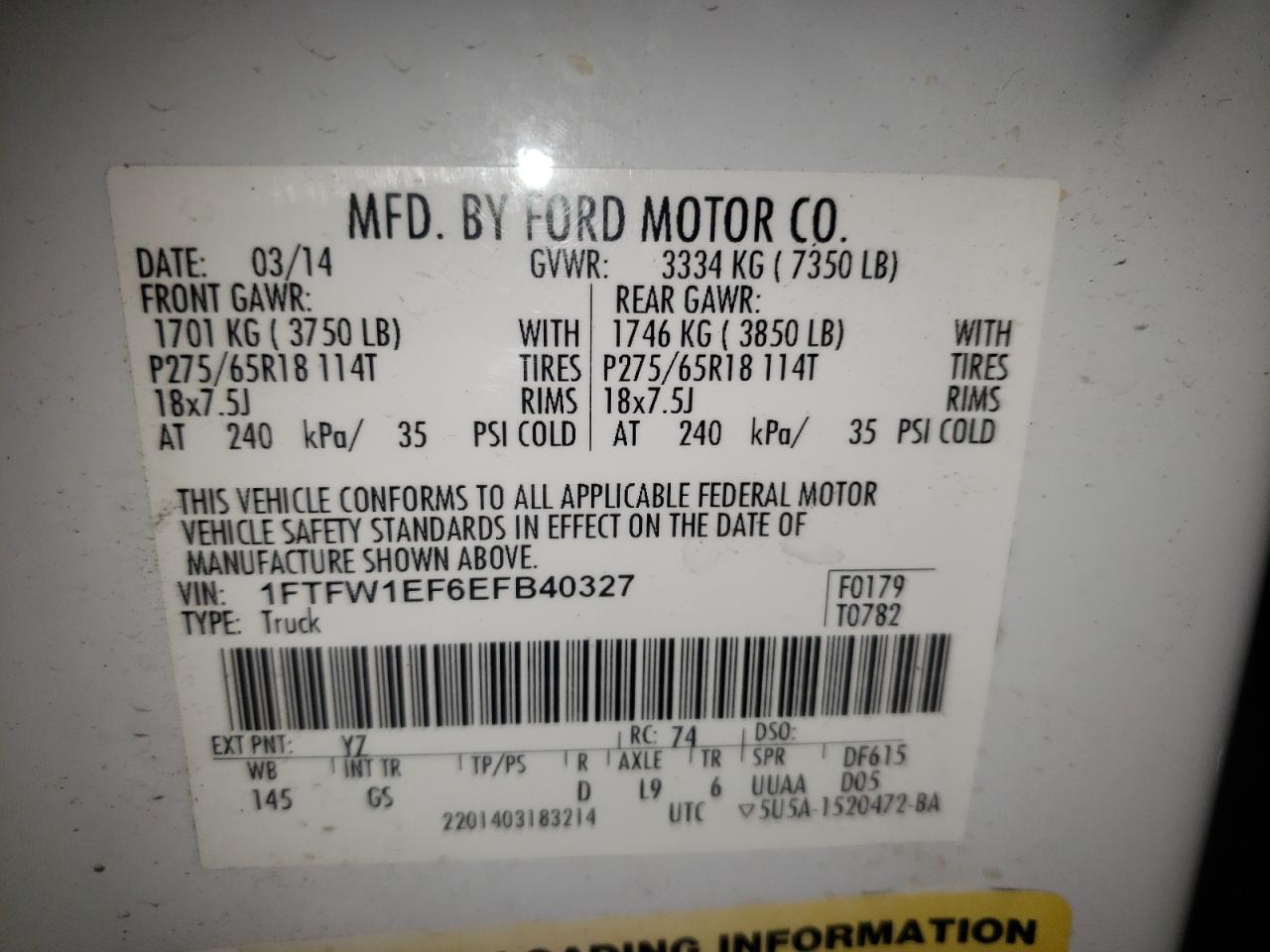 Photo 10 from auction – 2014 FORD F150 SUPER with VIN 1FTFW1EF6EFB40327