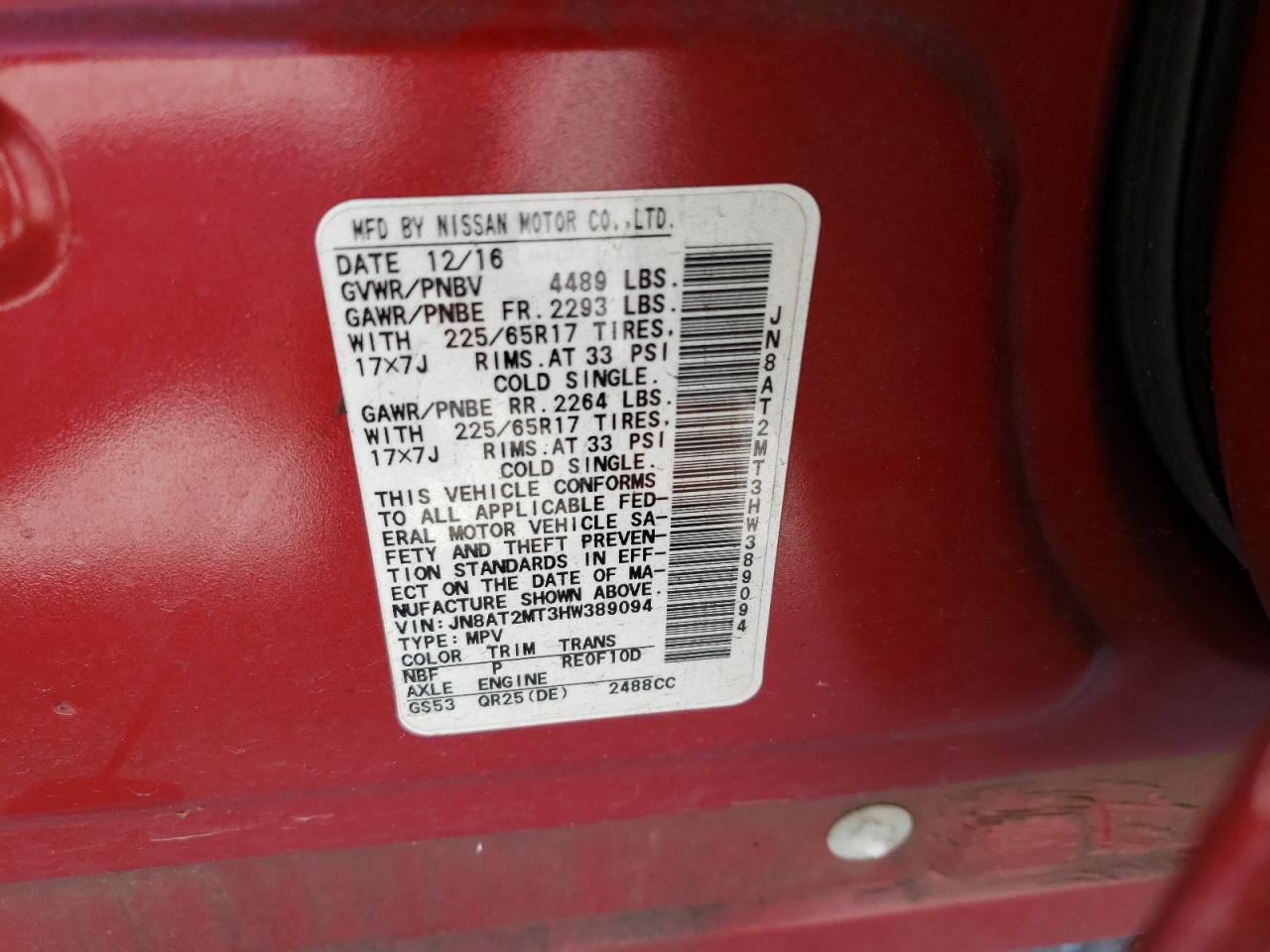 Photo 10 from auction – 2017 NISSAN ROGUE S with VIN JN8AT2MT3HW389094