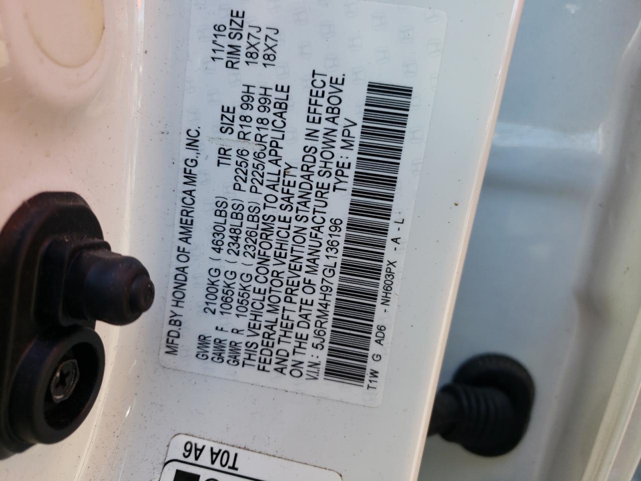 Photo 10 from auction – 2016 HONDA CR-V TOURI with VIN 5J6RM4H97GL136196