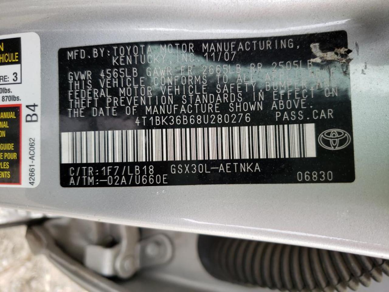 Photo 10 from auction – 2008 TOYOTA AVALON XL with VIN 4T1BK36B68U280276