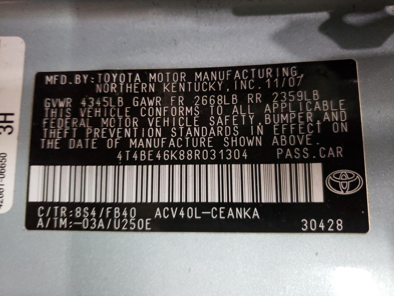 Photo 10 from auction – 2008 TOYOTA CAMRY CE with VIN 4T4BE46K88R031304