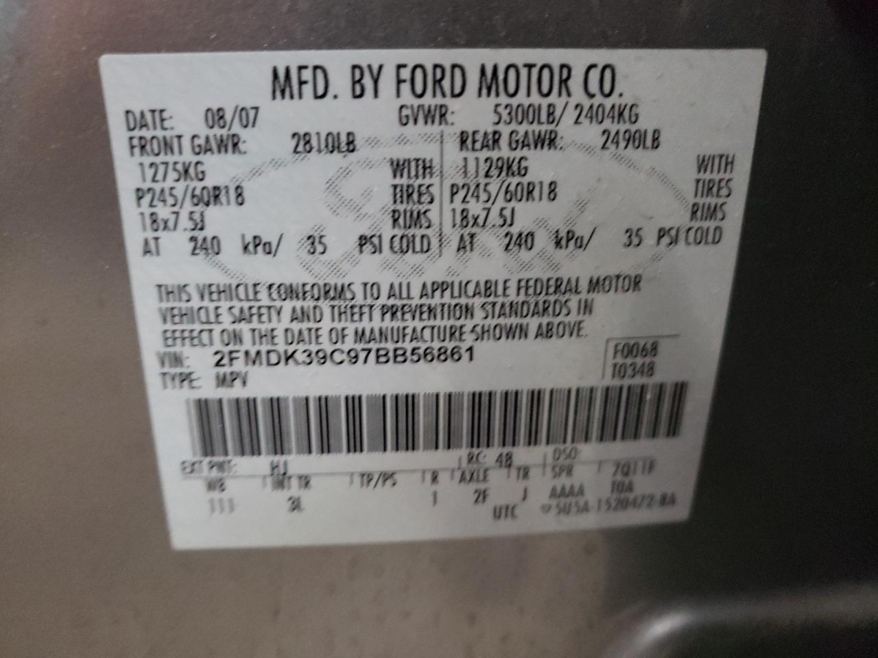Photo 10 from auction – 2007 FORD EDGE SEL P with VIN 2FMDK39C97BB56861
