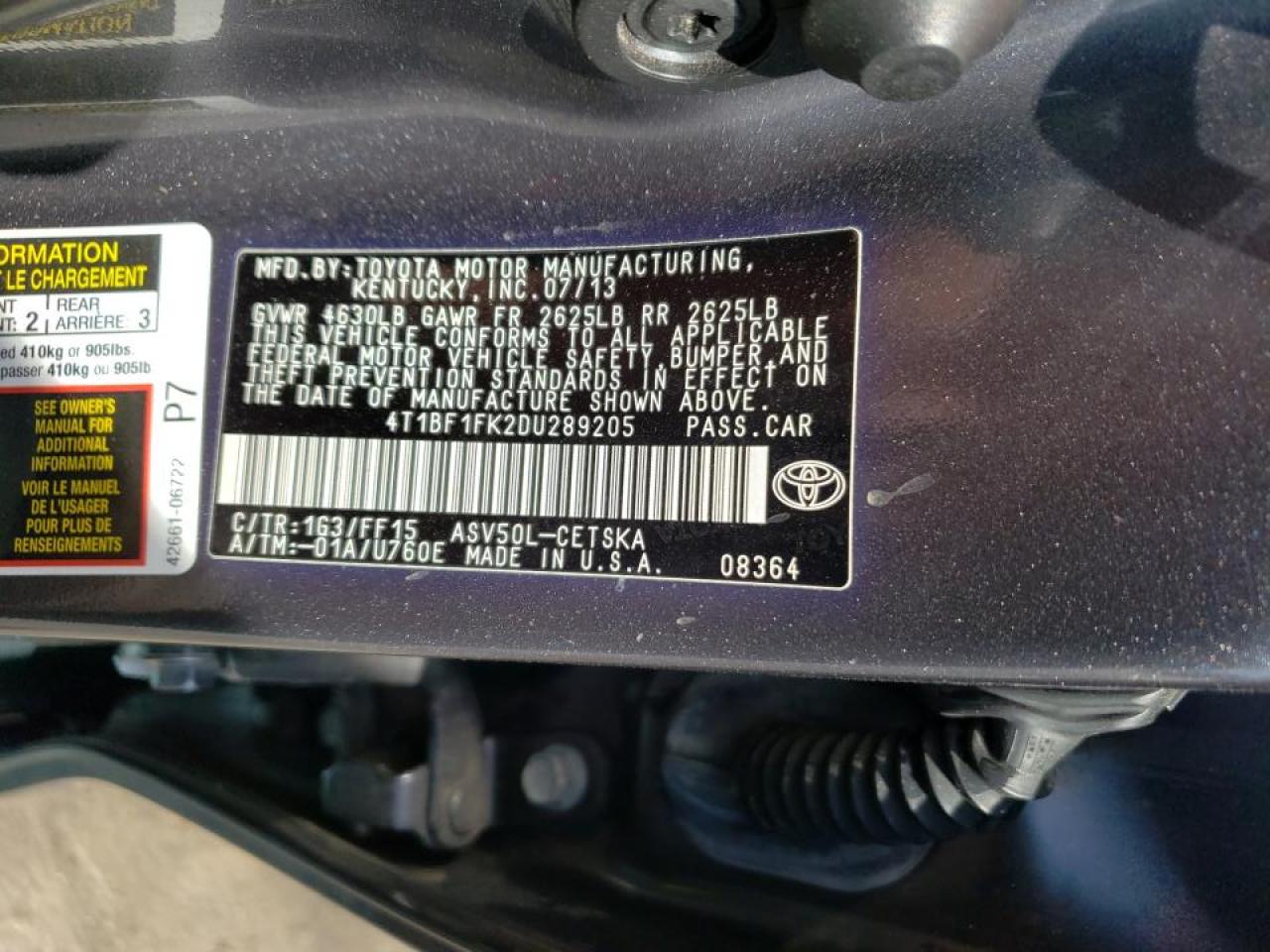 Photo 10 from auction – 2013 TOYOTA CAMRY L with VIN 4T1BF1FK2DU289205