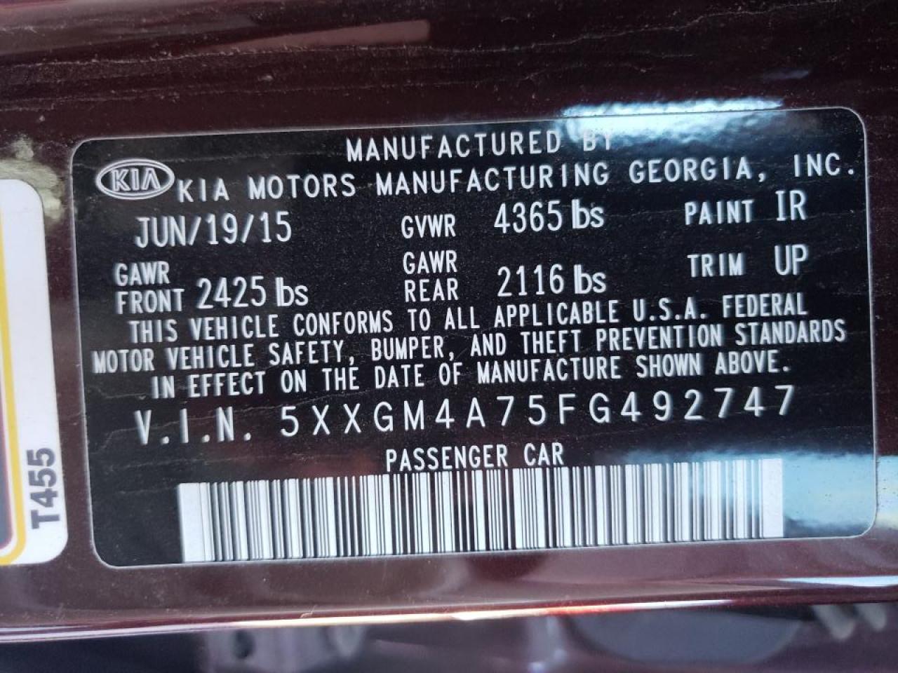 Photo 10 from auction – 2015 KIA OPTIMA LX with VIN 5XXGM4A75FG492747