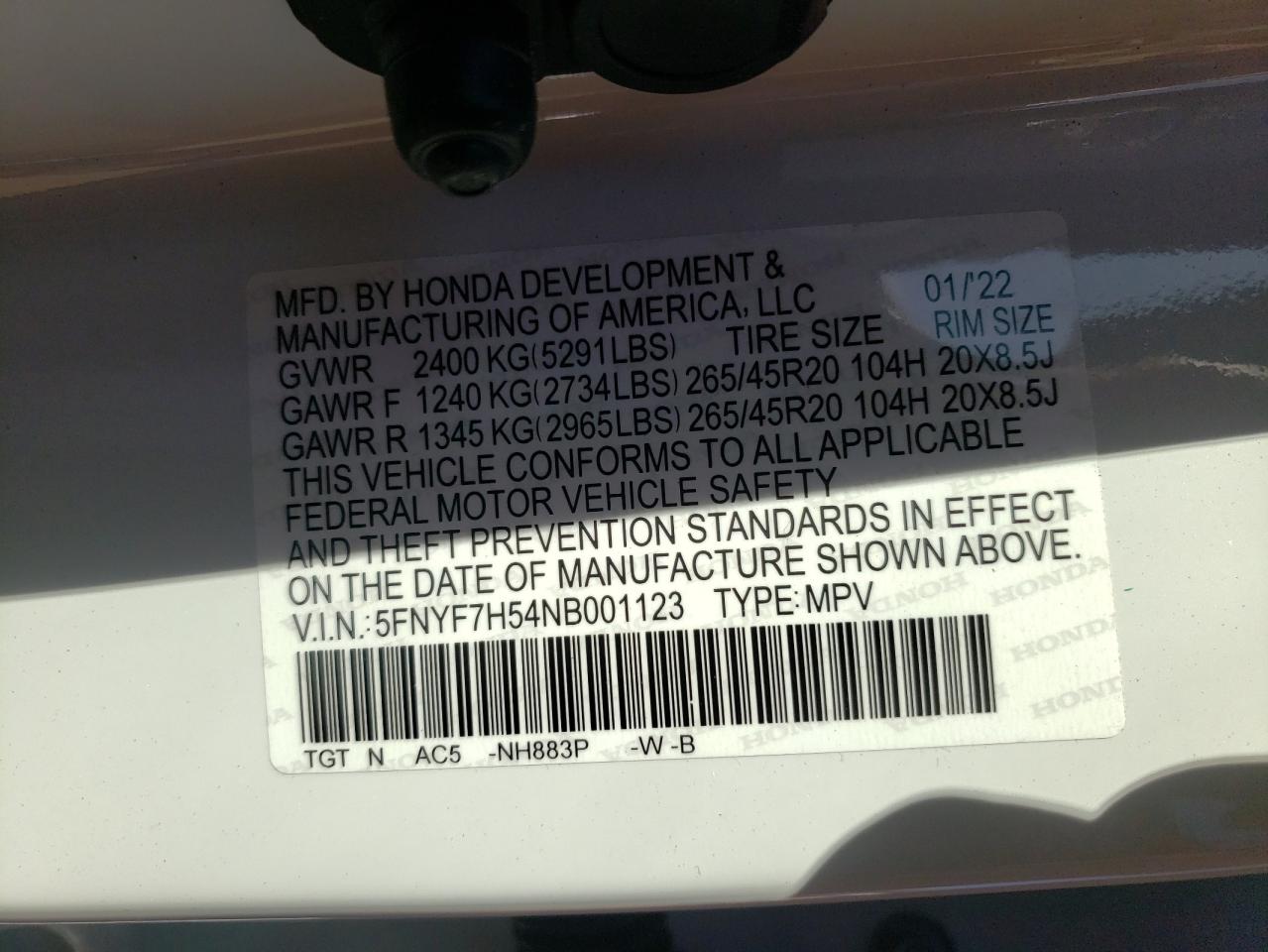 Photo 10 from auction – 2022 HONDA PASSPORT E with VIN 5FNYF7H54NB001123