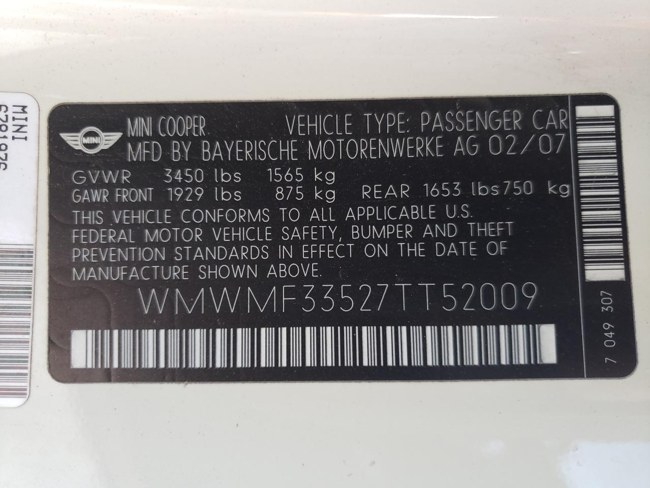 Photo 10 from auction – 2007 MINI COOPER with VIN WMWMF33527TT52009