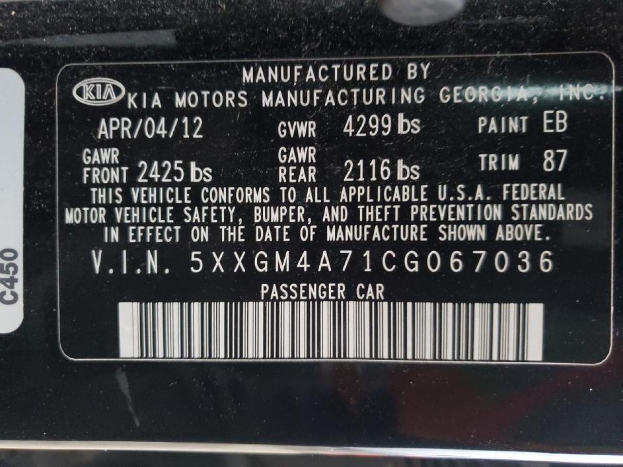 Photo 10 from auction – 2012 KIA OPTIMA LX with VIN 5XXGM4A71CG067036