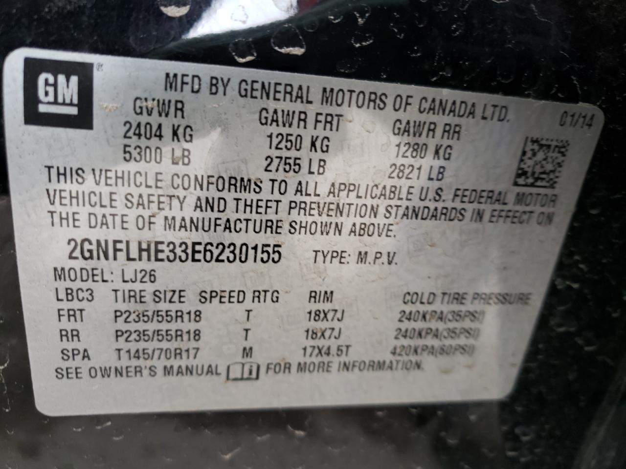 Photo 10 from auction – 2014 CHEVROLET EQUINOX LT with VIN 2GNFLHE33E6230155