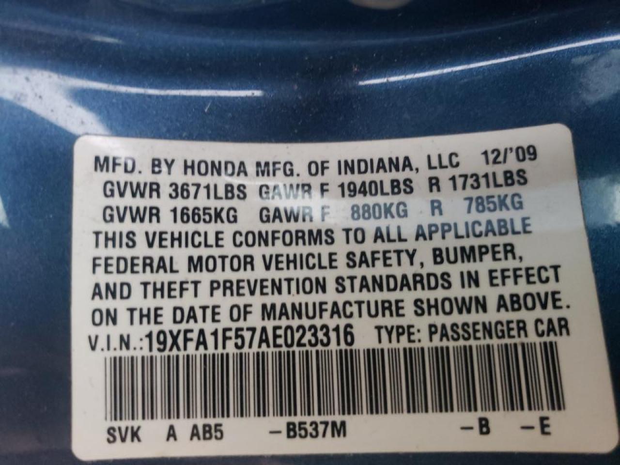 Photo 10 from auction – 2010 HONDA CIVIC LX with VIN 19XFA1F57AE023316