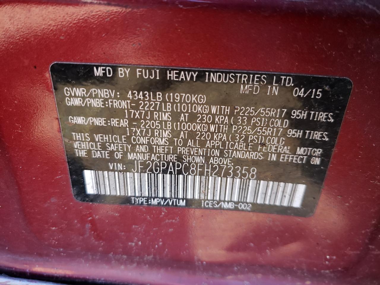 Photo 10 from auction – 2015 SUBARU XV CROSSTR with VIN JF2GPAPC8FH273358