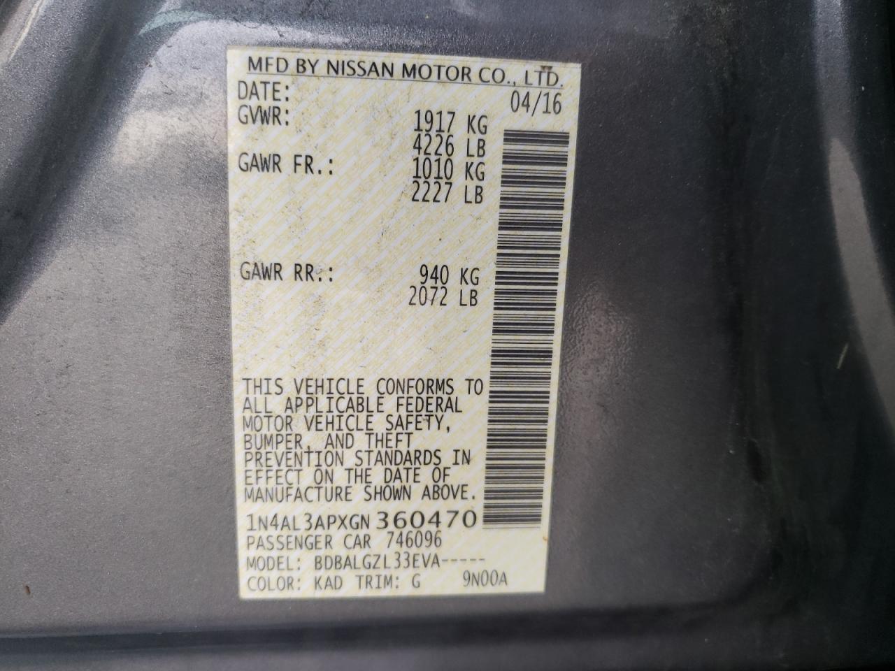 Photo 10 from auction – 2016 NISSAN ALTIMA 2.5 with VIN 1N4AL3APXGN360470