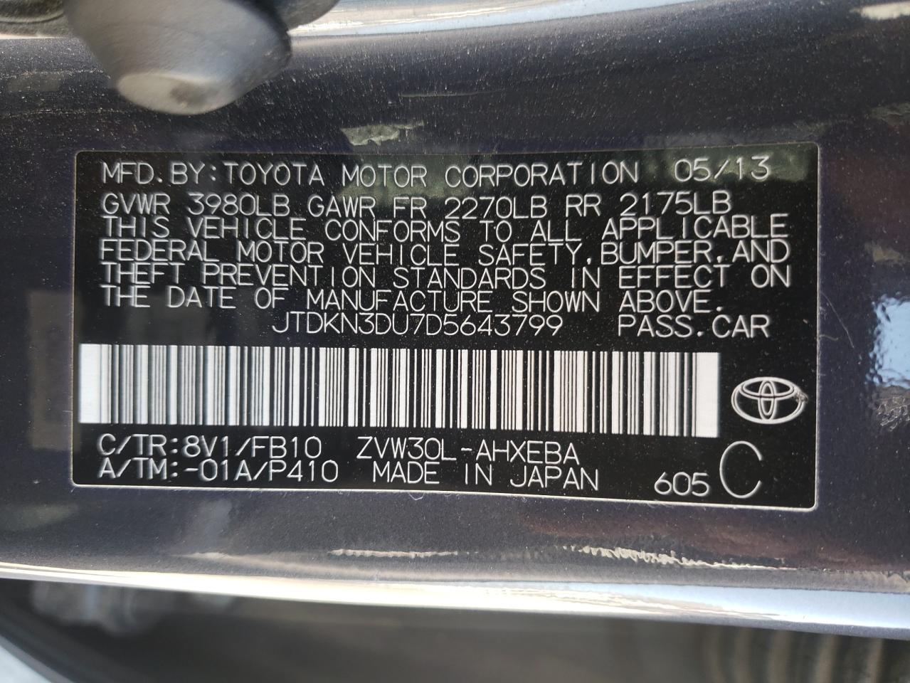 Photo 10 from auction – 2013 TOYOTA PRIUS with VIN JTDKN3DU7D5643799