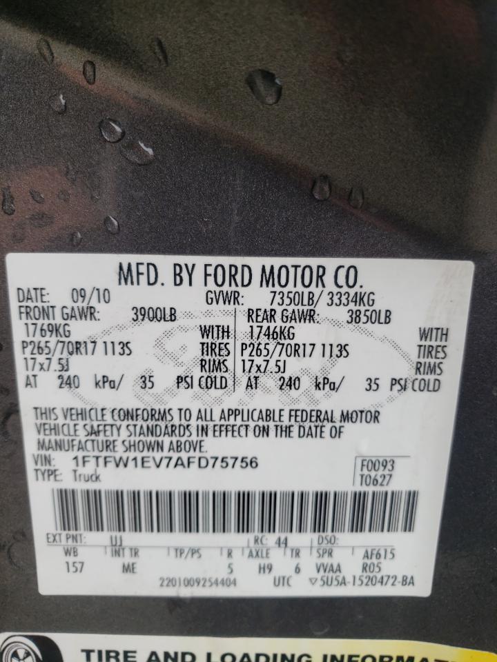 Photo 10 from auction – 2010 FORD F150 SUPER with VIN 1FTFW1EV7AFD75756