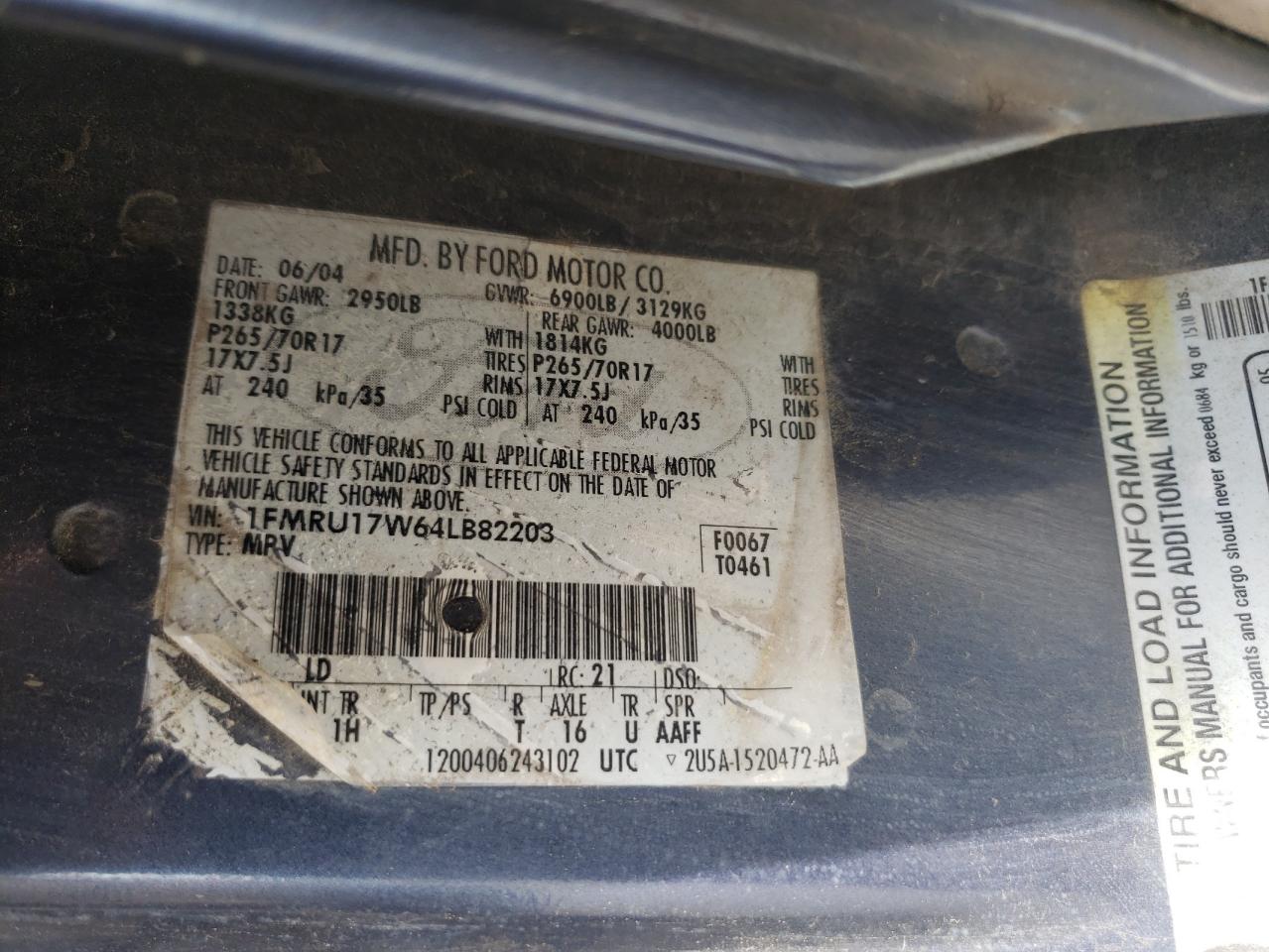 Photo 10 from auction – 2004 FORD EXPEDITION with VIN 1FMRU17W64LB82203