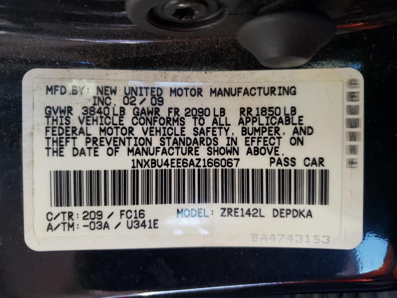 Photo 10 from auction – 2010 TOYOTA COROLLA BA with VIN 1NXBU4EE6AZ166067