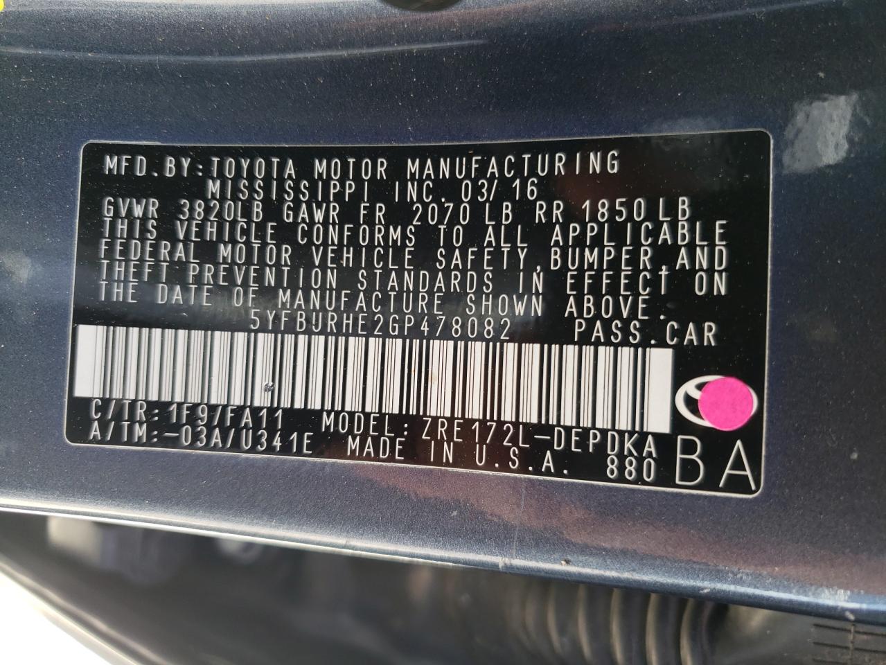 Photo 10 from auction – 2016 TOYOTA COROLLA L with VIN 5YFBURHE2GP478082