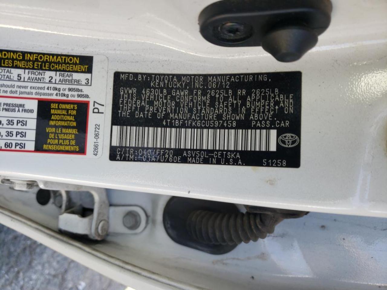 Photo 10 from auction – 2012 TOYOTA CAMRY BASE with VIN 4T1BF1FK6CU597458