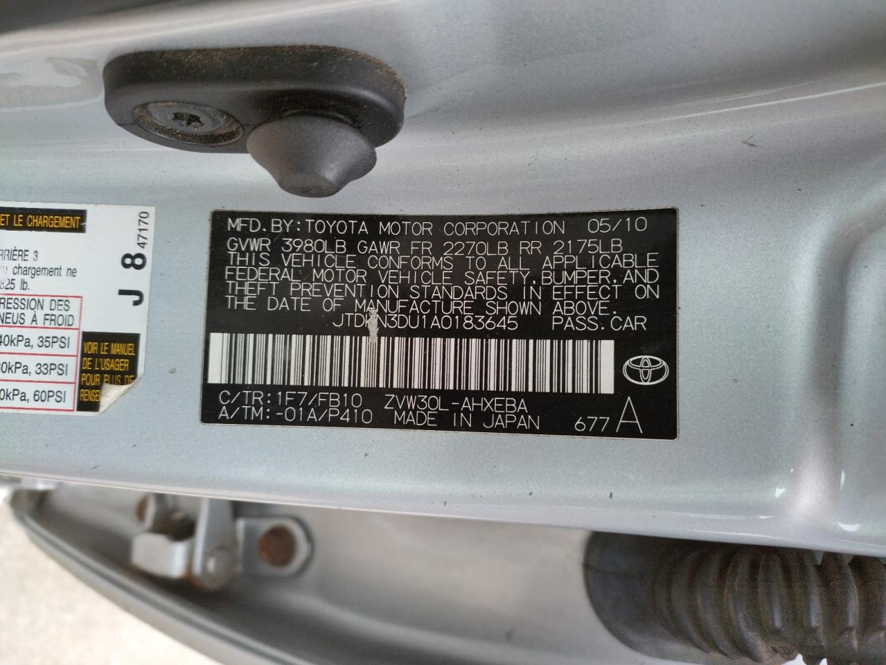 Photo 10 from auction – 2010 TOYOTA PRIUS with VIN JTDKN3DU1A0183645