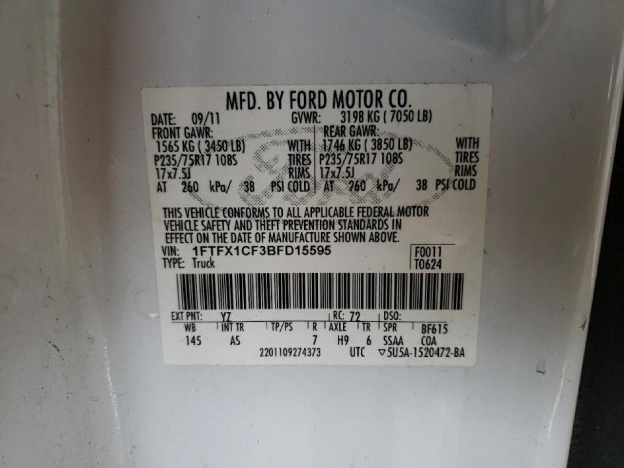 Photo 10 from auction – 2011 FORD F150 SUPER with VIN 1FTFX1CF3BFD15595