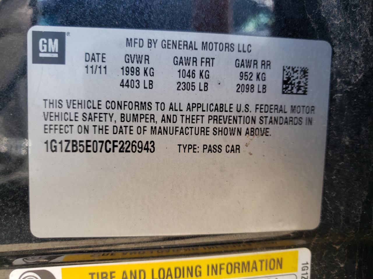 Photo 10 from auction – 2012 CHEVROLET MALIBU LS with VIN 1G1ZB5E07CF226943