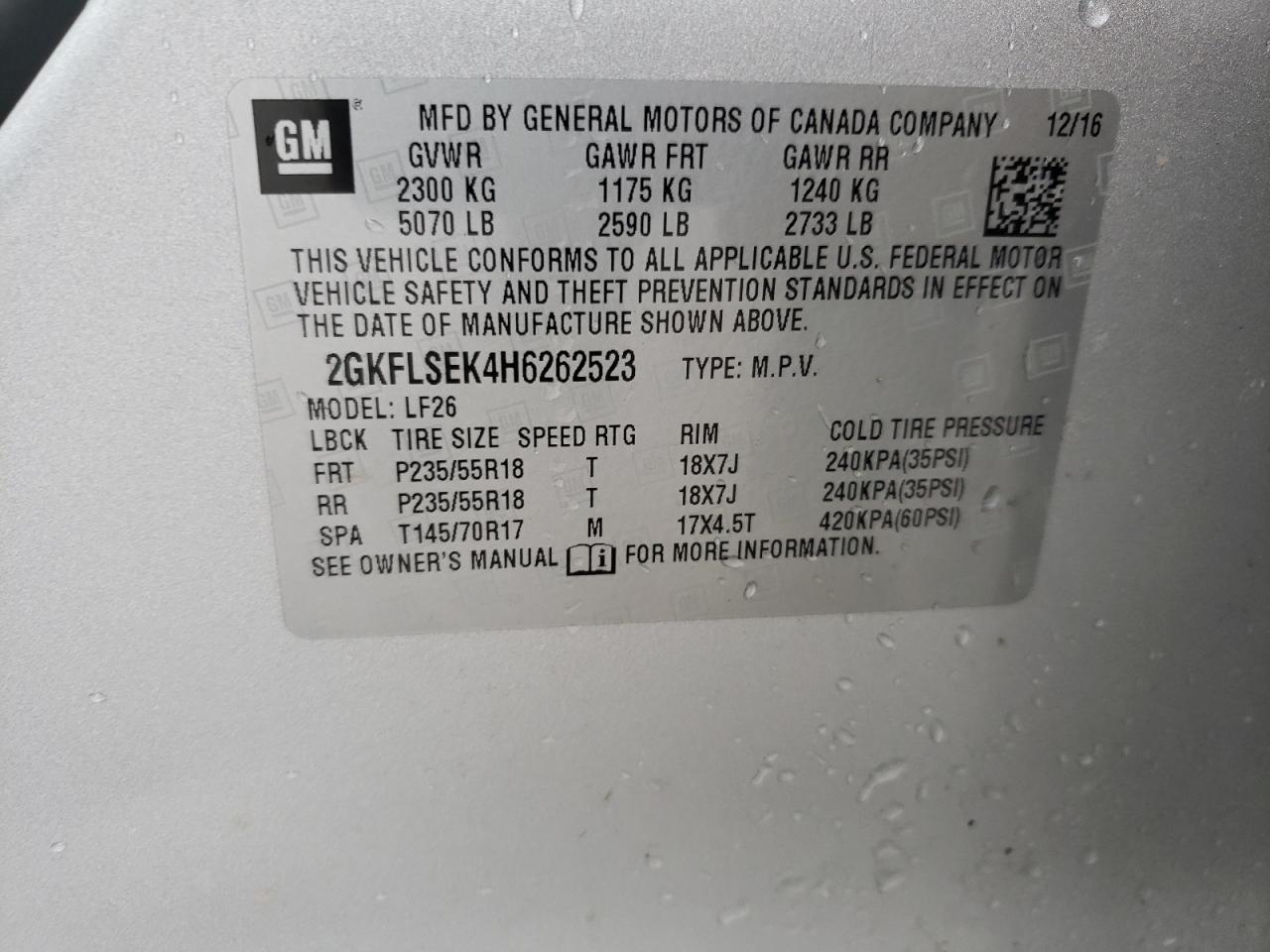 Photo 10 from auction – 2017 GMC TERRAIN SL with VIN 2GKFLSEK4H6262523