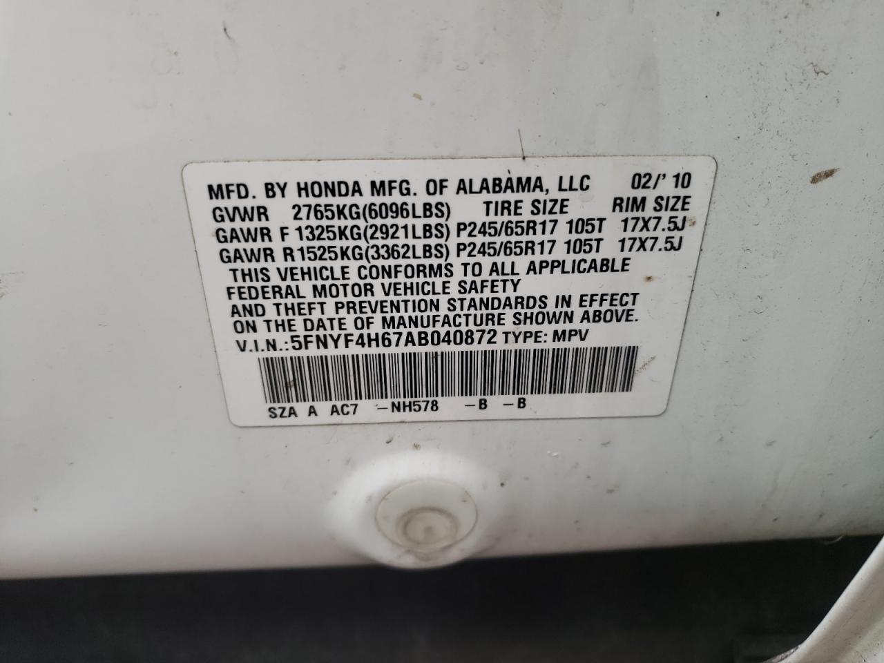 Photo 10 from auction – 2010 HONDA PILOT EXL with VIN 5FNYF4H67AB040872