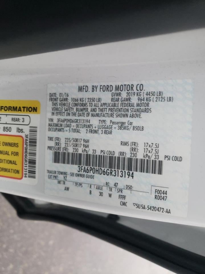 Photo 10 from auction – 2016 FORD FUSION SE with VIN 3FA6P0HD6GR313194