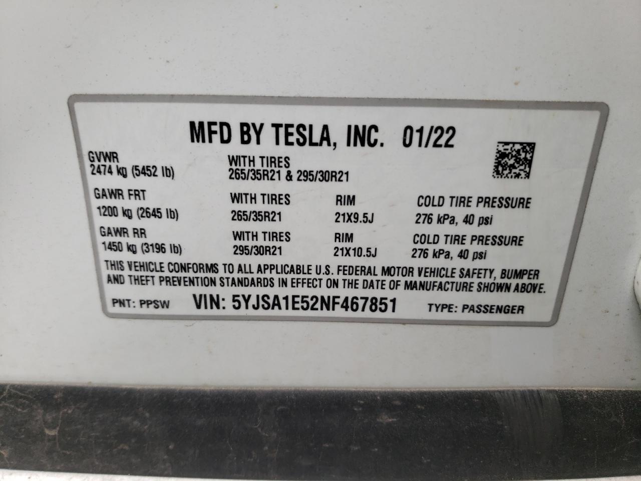 Photo 10 from auction – 2022 TESLA MODEL S with VIN 5YJSA1E52NF467851