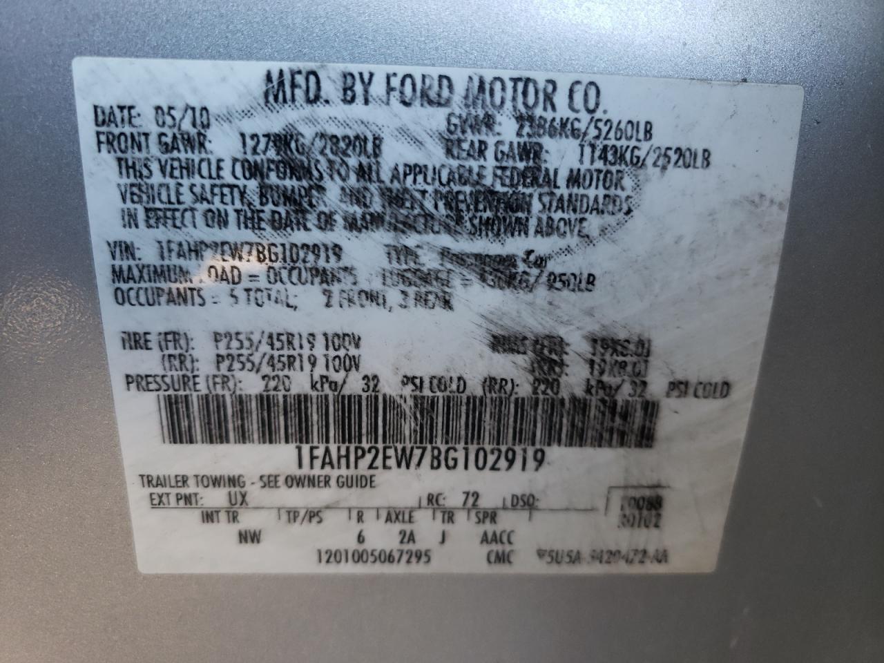 Photo 10 from auction – 2011 FORD TAURUS SEL with VIN 1FAHP2EW7BG102919