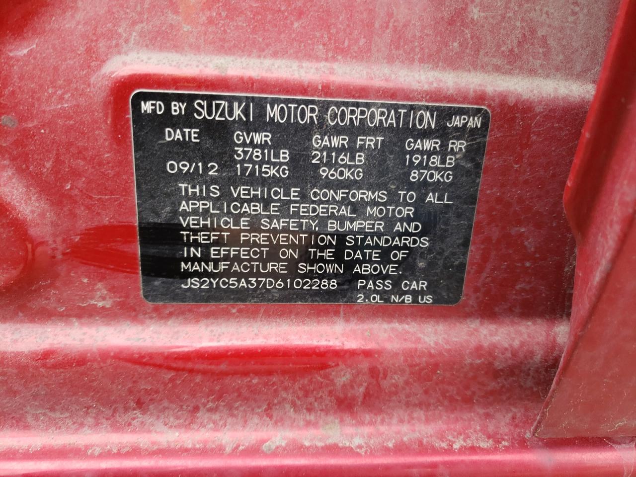 Photo 10 from auction – 2013 SUZUKI SX4 LE with VIN JS2YC5A37D6102288