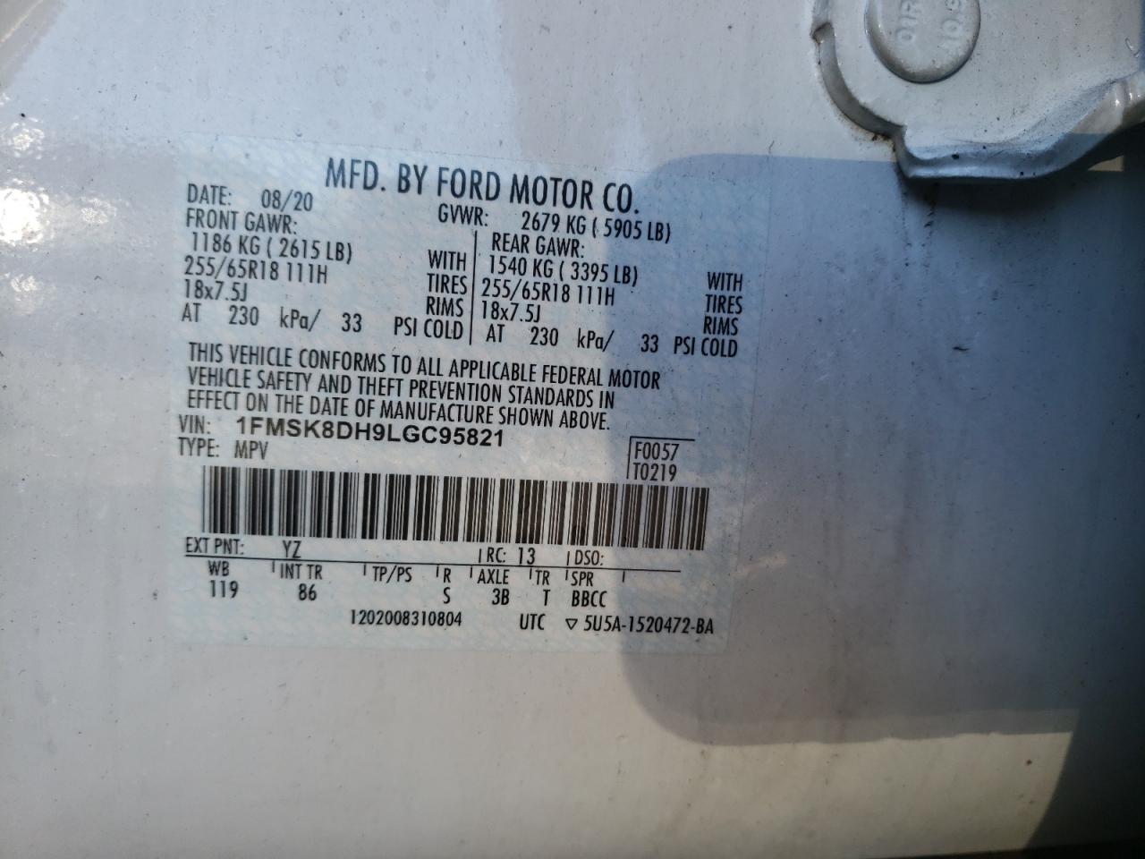 Photo 10 from auction – 2020 FORD EXPLORER X with VIN 1FMSK8DH9LGC95821