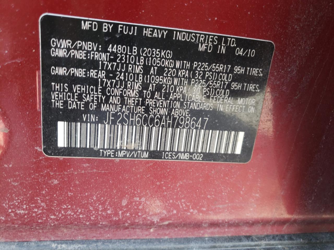 Photo 10 from auction – 2010 SUBARU FORESTER 2 with VIN JF2SH6CC6AH798647