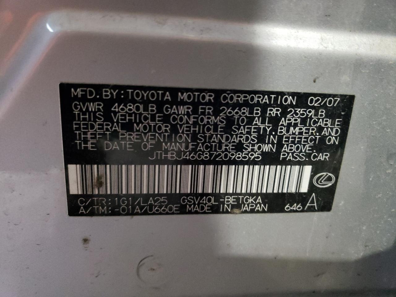 Photo 10 from auction – 2007 LEXUS ES 350 with VIN JTHBJ46G872098595