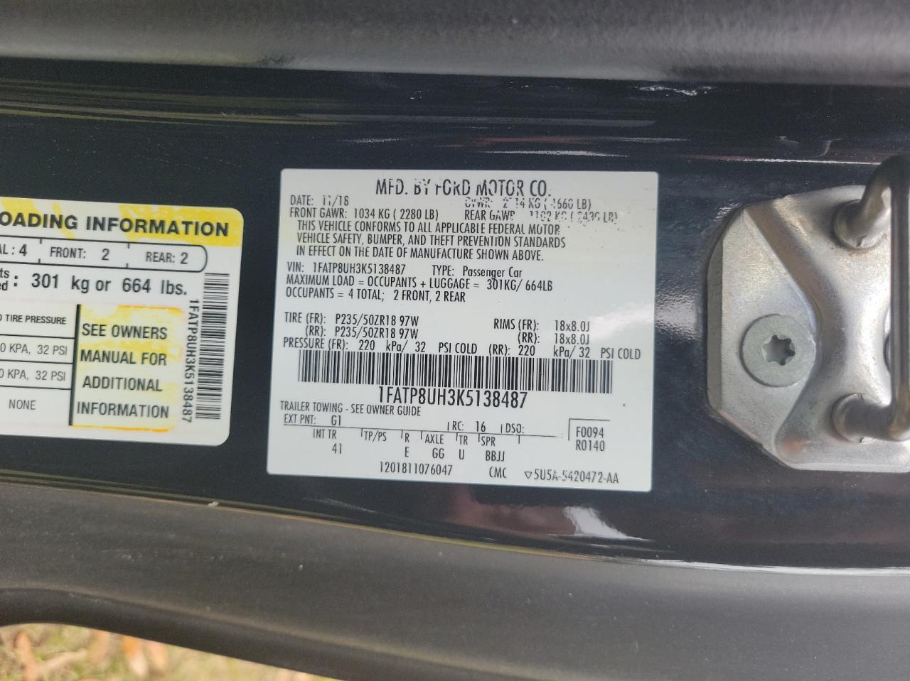 Photo 10 from auction – 2019 FORD MUSTANG with VIN 1FATP8UH3K5138487