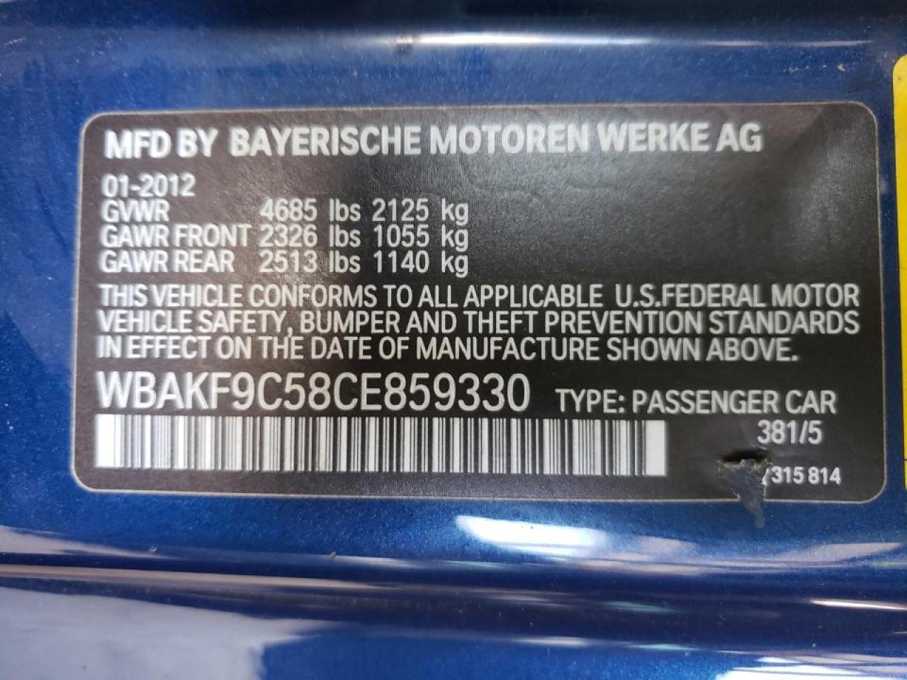 Photo 10 from auction – 2012 BMW 335 XI with VIN WBAKF9C58CE859330