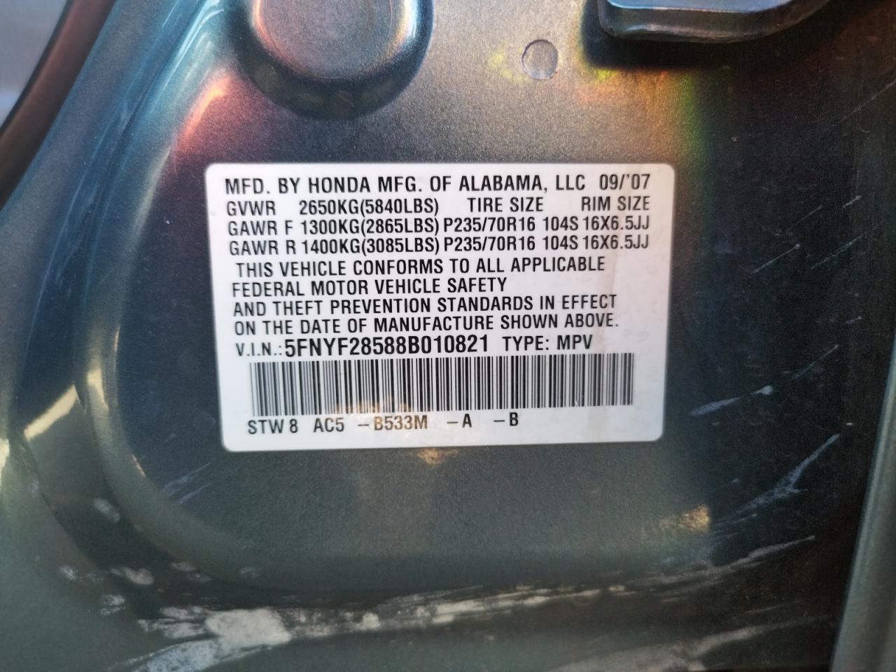 Photo 10 from auction – 2008 HONDA PILOT EXL with VIN 5FNYF28588B010821