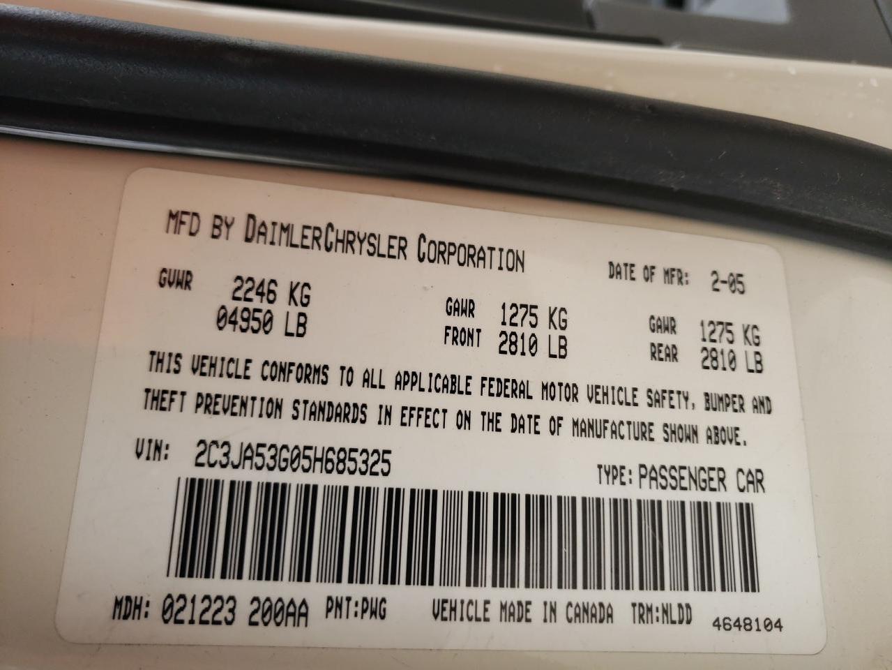 Photo 10 from auction – 2005 CHRYSLER 300 TOURIN with VIN 2C3JA53G05H685325