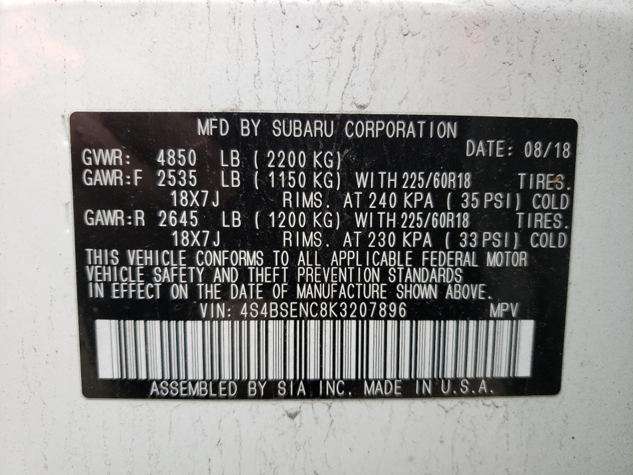 Photo 10 from auction – 2019 SUBARU OUTBACK 3. with VIN 4S4BSENC8K3207896