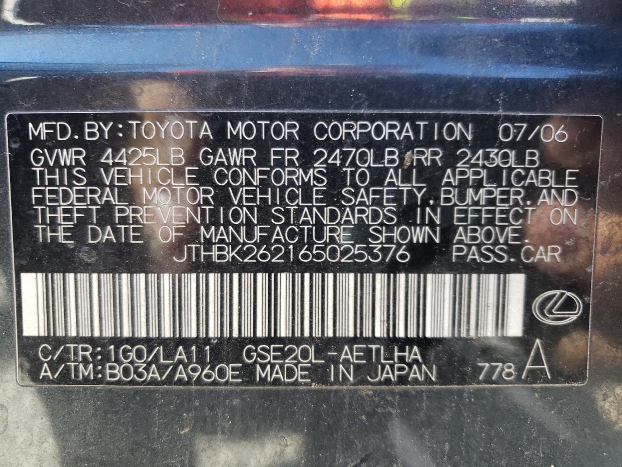 Photo 10 from auction – 2006 LEXUS IS 250 with VIN JTHBK262165025376