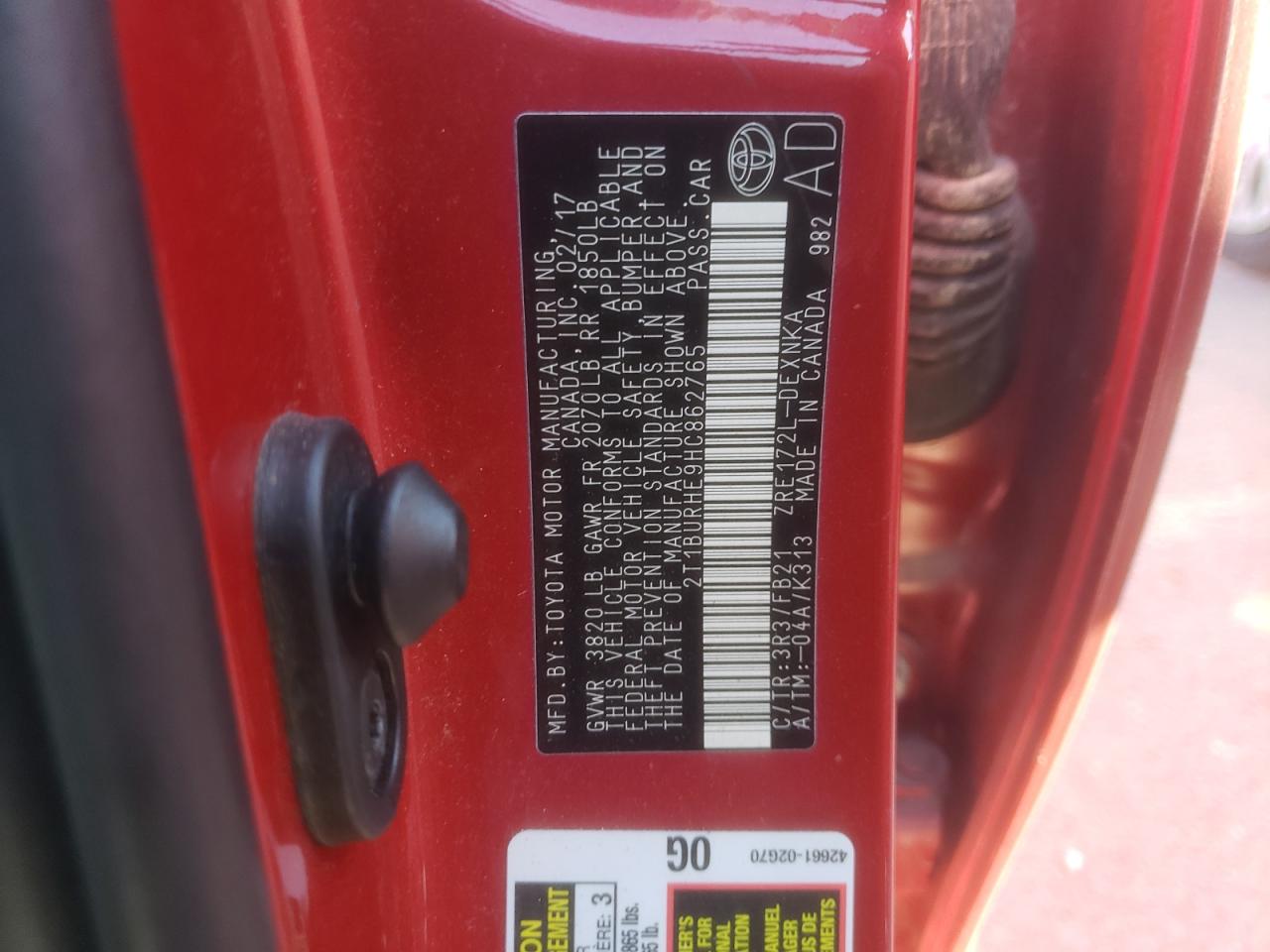 Photo 10 from auction – 2017 TOYOTA COROLLA L with VIN 2T1BURHE9HC862765
