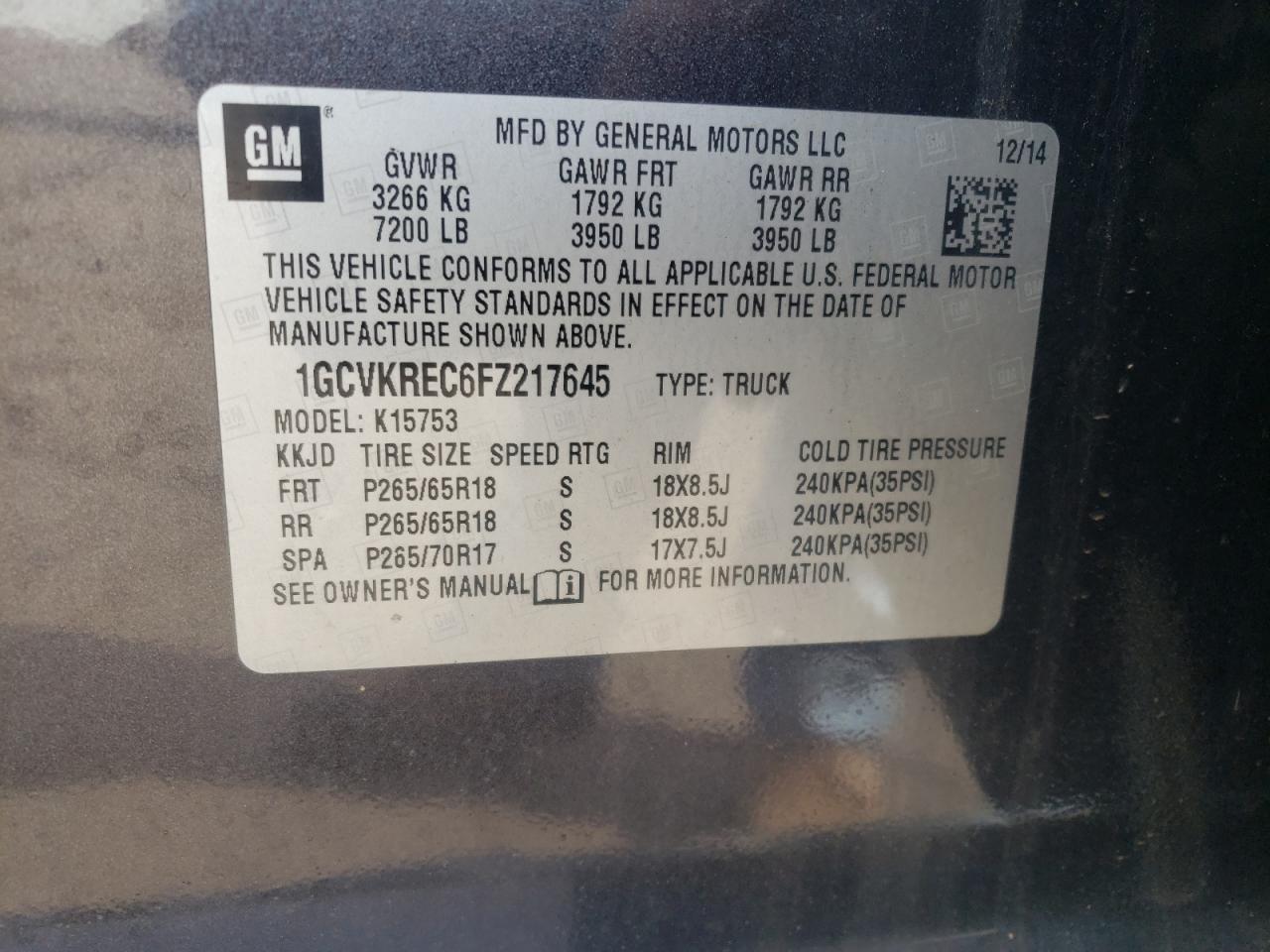 Photo 10 from auction – 2015 CHEVROLET SILVERADO with VIN 1GCVKREC6FZ217645