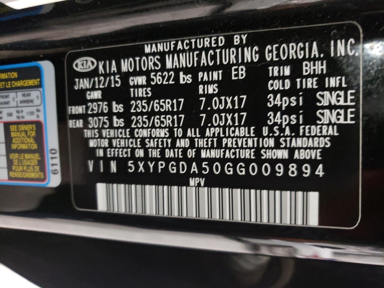 Photo 10 from auction – 2016 KIA SORENTO LX with VIN 5XYPGDA50GG009894