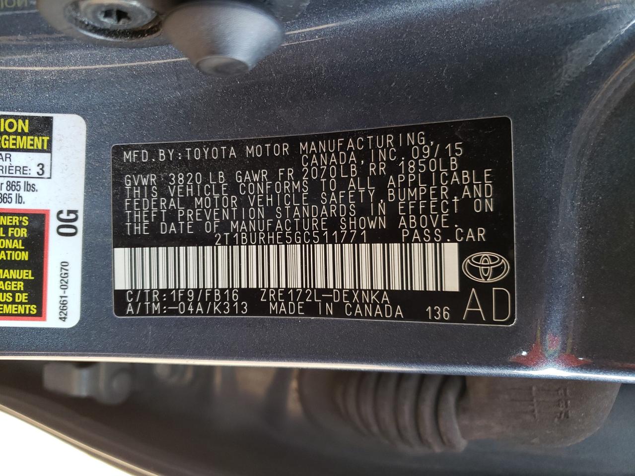Photo 10 from auction – 2016 TOYOTA COROLLA L with VIN 2T1BURHE5GC511771
