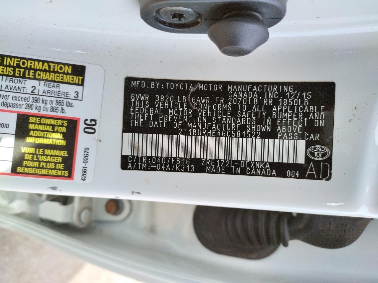 Photo 10 from auction – 2016 TOYOTA COROLLA L with VIN 2T1BURHE4GC581522