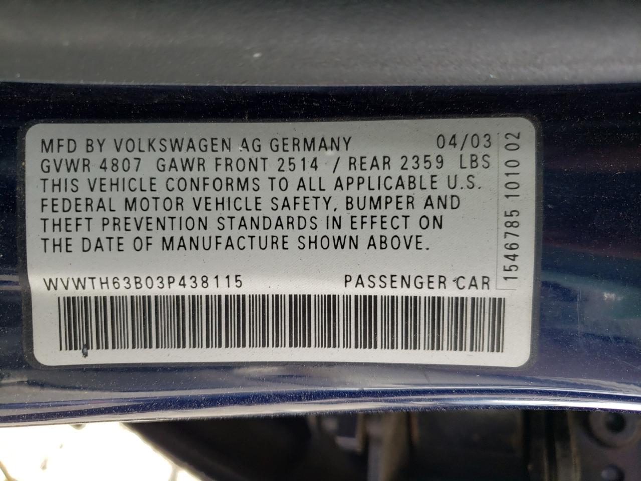 Photo 10 from auction – 2003 VOLKSWAGEN PASSAT GLX with VIN WVWTH63B03P438115